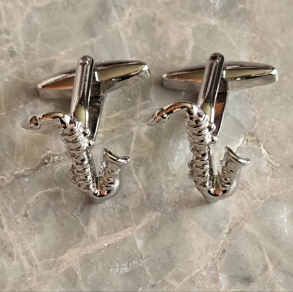 Vintage saxophone cufflinks sax music saxophonist silver tone 1990